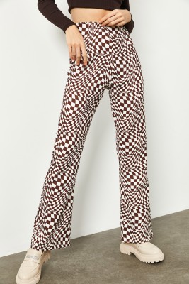 A.Kahve Kare Desenli Yüksek Bel İspanyol Paça Pantolon 2KXK5-45734-39 
