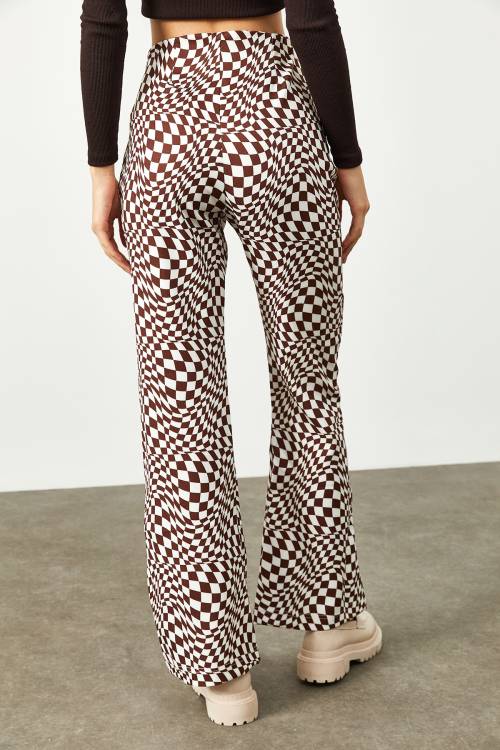 A.Kahve Kare Desenli Yüksek Bel İspanyol Paça Pantolon 2KXK5-45734-39 - 6