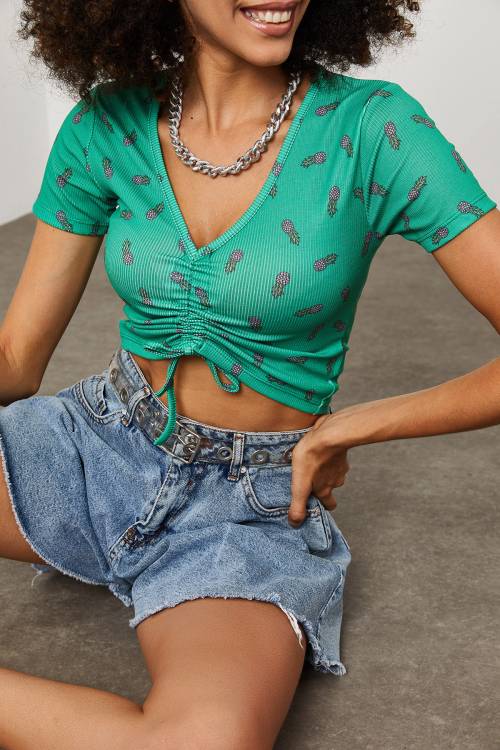 Su Yeşili Ananas Desenli Büzgü Detaylı Crop 2KXK2-45700-38 - 3