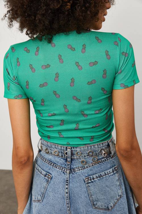 Su Yeşili Ananas Desenli Büzgü Detaylı Crop 2KXK2-45700-38 - 6
