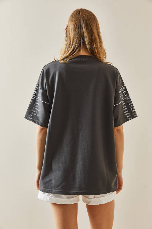 Antrasit Baskılı Bisiklet Yaka Oversize Tişört 5YXK1-48004-36 - 6
