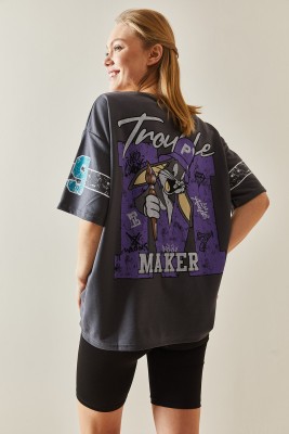 Antrasit Bisiklet Yaka Arkası Baskılı Oversize Tişört 4KXK1-47898-36 