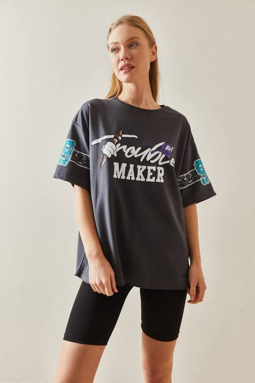 Antrasit Bisiklet Yaka Arkası Baskılı Oversize Tişört 4KXK1-47898-36 - 3