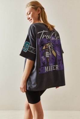Antrasit Bisiklet Yaka Arkası Baskılı Oversize Tişört 4KXK1-47898-36 - 5