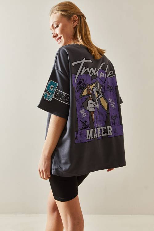 Antrasit Bisiklet Yaka Arkası Baskılı Oversize Tişört 4KXK1-47898-36 - 5