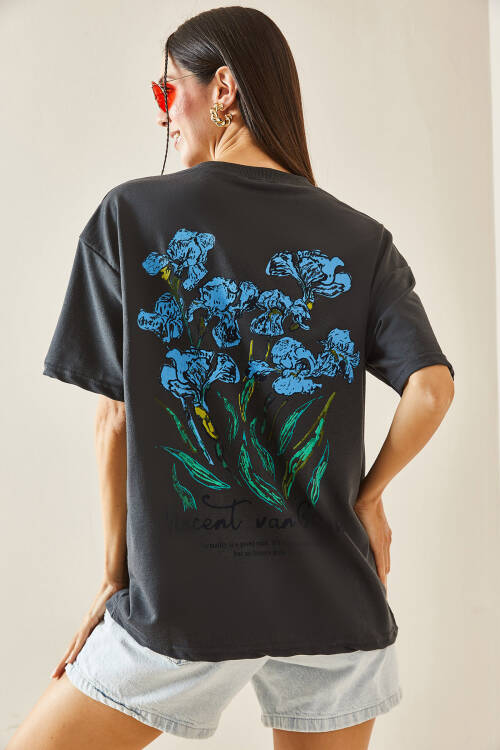 Antrasit Bisiklet Yaka Baskılı Oversize Tişört 5YXK1-48410-36 - 2