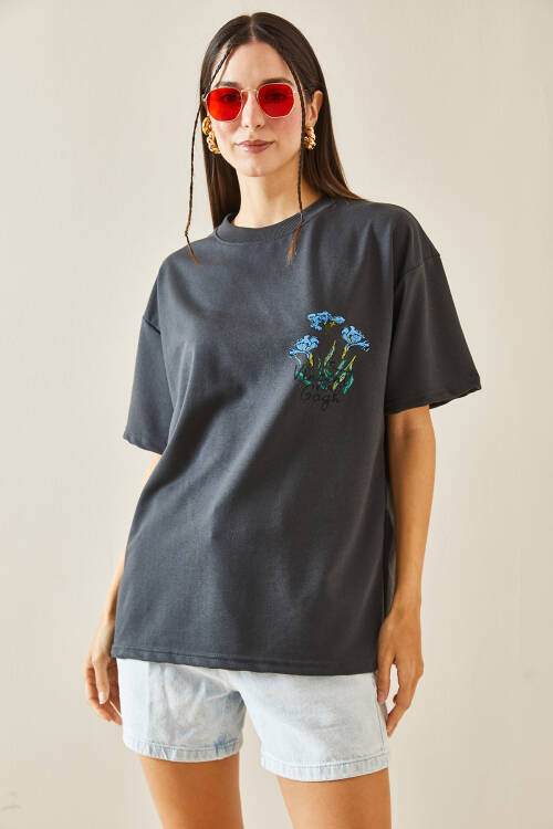 Antrasit Bisiklet Yaka Baskılı Oversize Tişört 5YXK1-48410-36 - 3