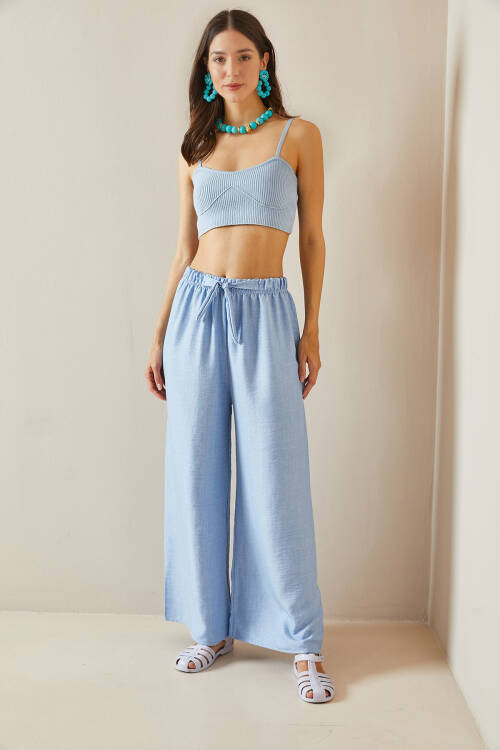 Bebe Mavisi Bol Paça Dokulu Pantolon 5YXK5-48651-55 - 3