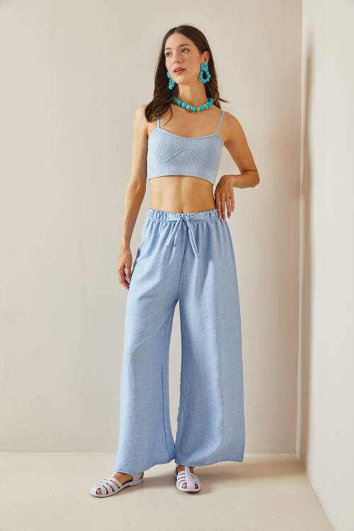 Bebe Mavisi Bol Paça Dokulu Pantolon 5YXK5-48651-55 - 4