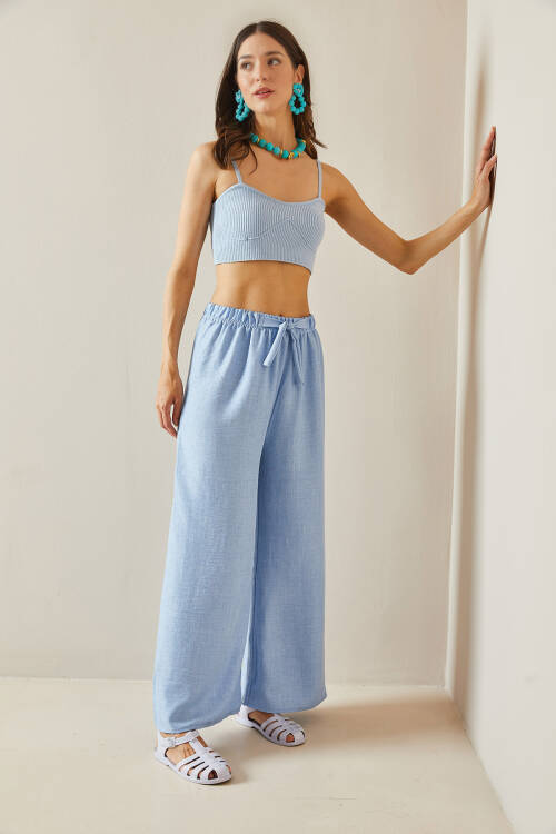 Bebe Mavisi Bol Paça Dokulu Pantolon 5YXK5-48651-55 - 5