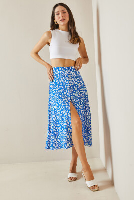 Bebe Mavisi Çiçek Desenli & Düğmeli Midi Etek 5YXK7-48560-55 - 2