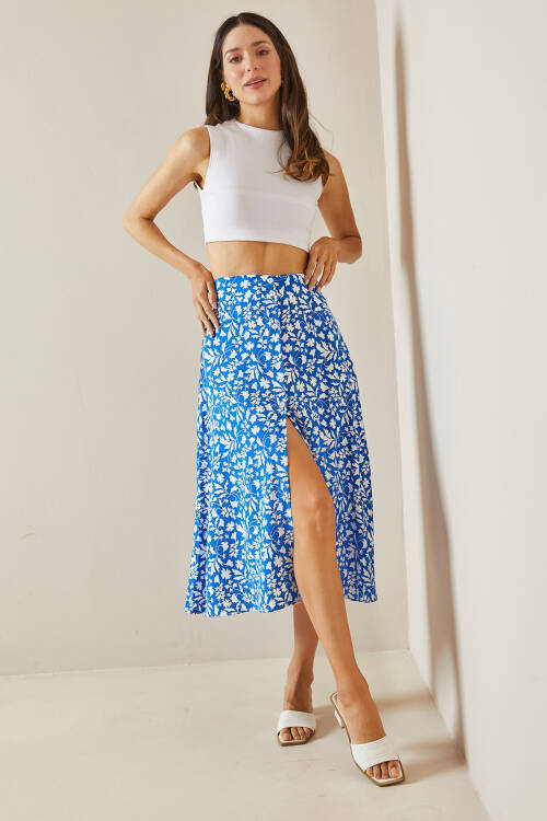 Bebe Mavisi Çiçek Desenli & Düğmeli Midi Etek 5YXK7-48560-55 - 2