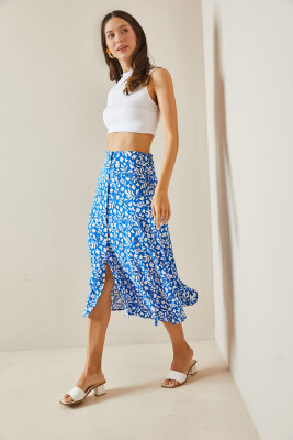 Bebe Mavisi Çiçek Desenli & Düğmeli Midi Etek 5YXK7-48560-55 - 3