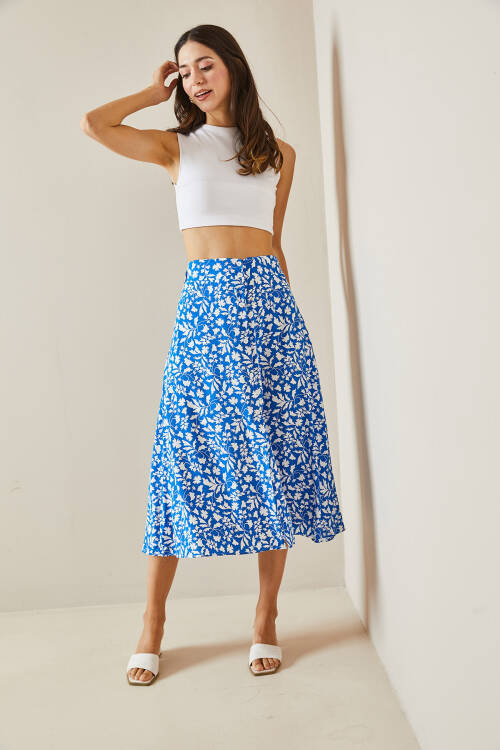 Bebe Mavisi Çiçek Desenli & Düğmeli Midi Etek 5YXK7-48560-55 - 4