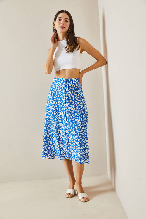 Bebe Mavisi Çiçek Desenli & Düğmeli Midi Etek 5YXK7-48560-55 - 5