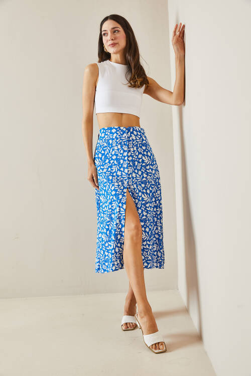 Bebe Mavisi Çiçek Desenli & Düğmeli Midi Etek 5YXK7-48560-55 - 6