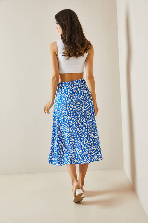 Bebe Mavisi Çiçek Desenli & Düğmeli Midi Etek 5YXK7-48560-55 - 7