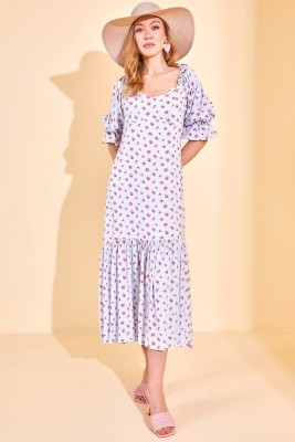 Bebe Mavisi Çiçek Desenli Midi Boy Elbise 3KXK6-46775-55 - 2