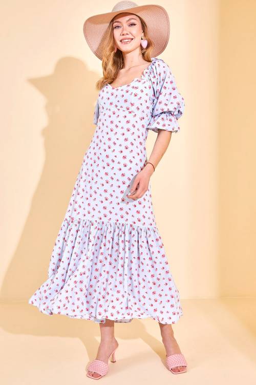 Bebe Mavisi Çiçek Desenli Midi Boy Elbise 3KXK6-46775-55 - 5