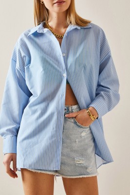 XHAN - Bebe Mavisi Çizgili Polo Yaka Oversize Gömlek 4KXK2-47765-55