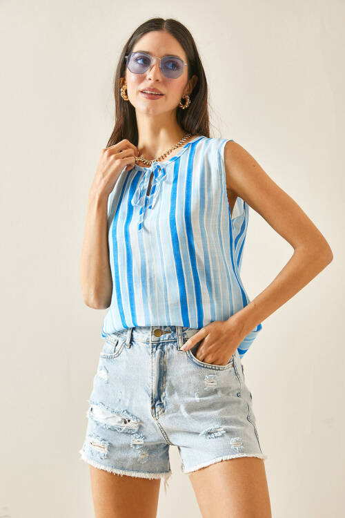 Bebe Mavisi Kalın Askılı Çizgili Bluz 5YXK2-48453-55 - 2