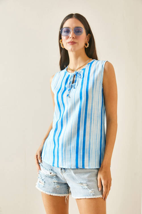 Bebe Mavisi Kalın Askılı Çizgili Bluz 5YXK2-48453-55 - 3