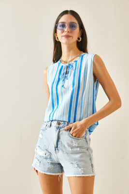 Bebe Mavisi Kalın Askılı Çizgili Bluz 5YXK2-48453-55 - 4