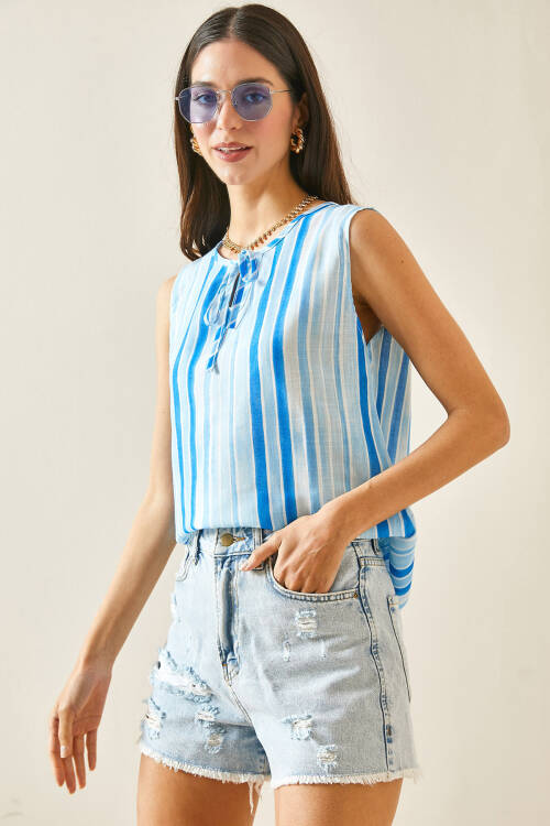 Bebe Mavisi Kalın Askılı Çizgili Bluz 5YXK2-48453-55 - 5