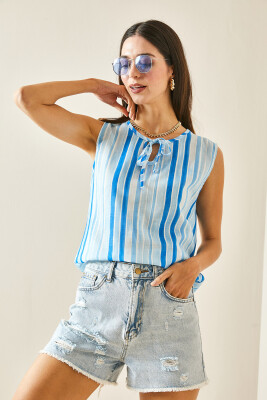 Bebe Mavisi Kalın Askılı Çizgili Bluz 5YXK2-48453-55 - 6