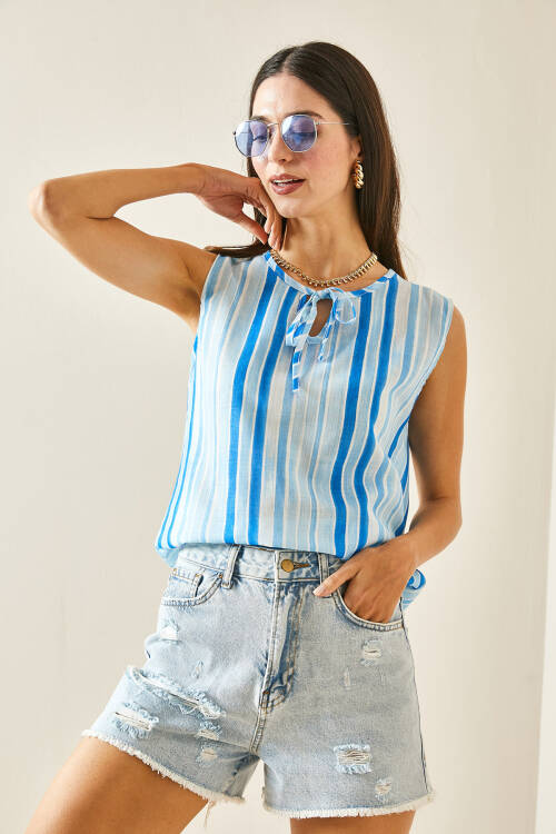 Bebe Mavisi Kalın Askılı Çizgili Bluz 5YXK2-48453-55 - 6