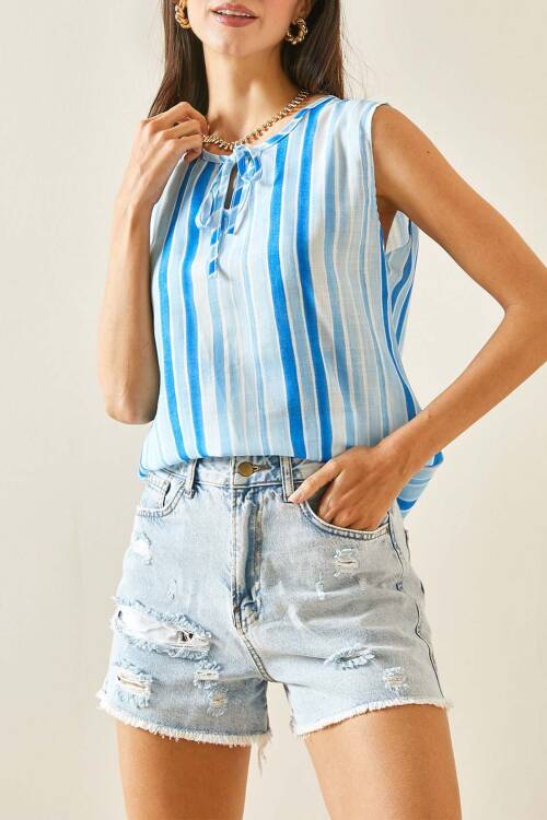 Bebe Mavisi Kalın Askılı Çizgili Bluz 5YXK2-48453-55 - 1