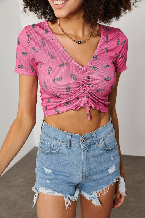 Bebe Pembesi Ananas Desenli Büzgü Detaylı Crop 2KXK2-45700-57 - 2