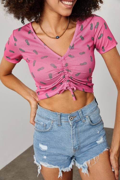 Bebe Pembesi Ananas Desenli Büzgü Detaylı Crop 2KXK2-45700-57 - 3