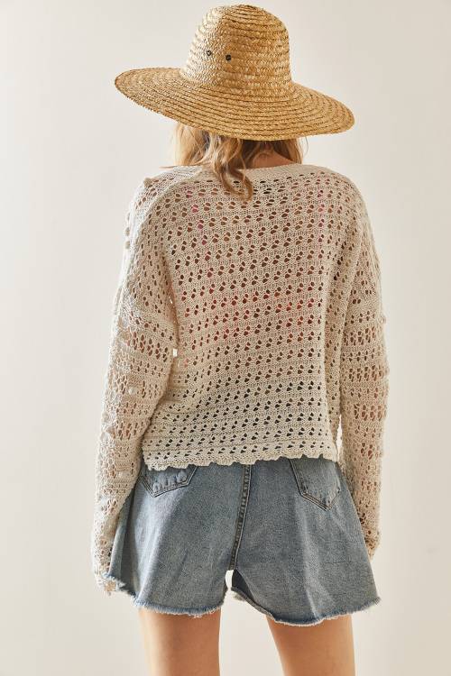 Bej Ajurlu Düğmeli Crop Hırka 3YXK3-47026-25 - 8