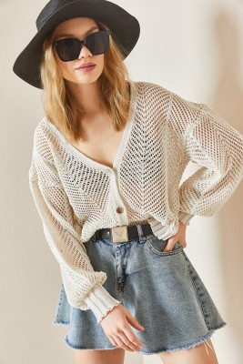 Bej Ajurlu Düğmeli Crop Hırka 3YXK3-47027-25 - 6