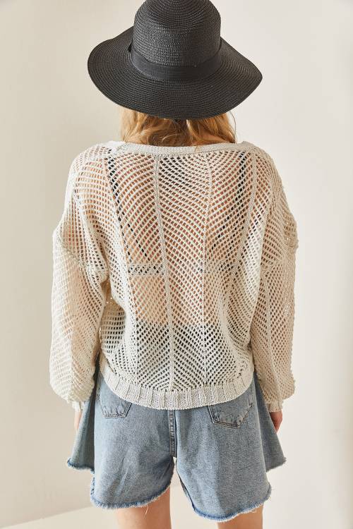 Bej Ajurlu Düğmeli Crop Hırka 3YXK3-47027-25 - 7