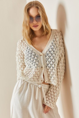 Bej Ajurlu Düğmeli Crop Hırka 3YXK3-47028-25 - 5