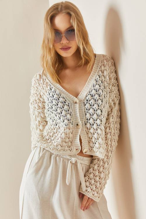 Bej Ajurlu Düğmeli Crop Hırka 3YXK3-47028-25 - 5