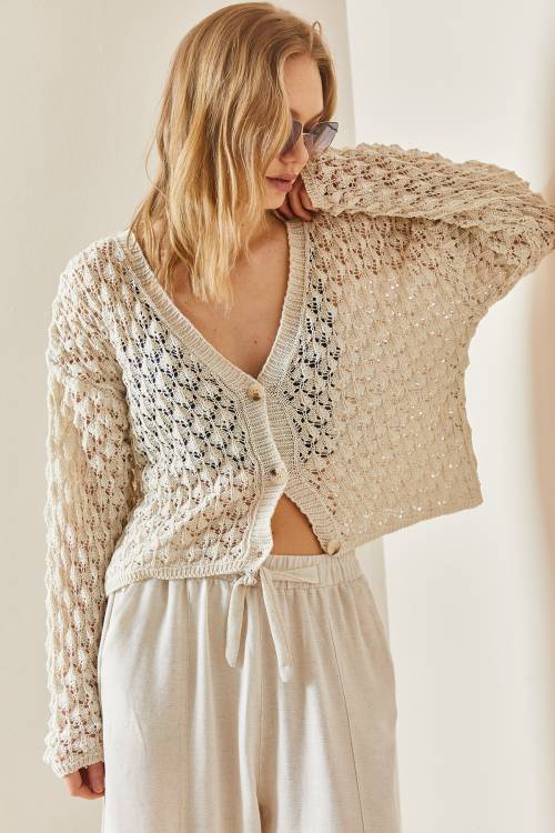 Bej Ajurlu Düğmeli Crop Hırka 3YXK3-47028-25 - 6