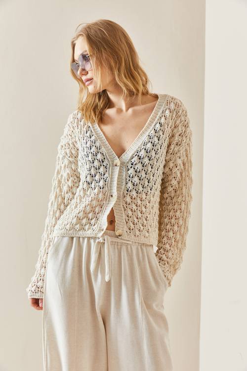 Bej Ajurlu Düğmeli Crop Hırka 3YXK3-47028-25 - 7