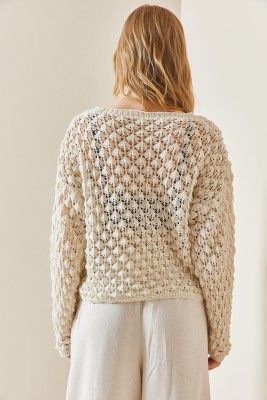 Bej Ajurlu Düğmeli Crop Hırka 3YXK3-47028-25 - 8