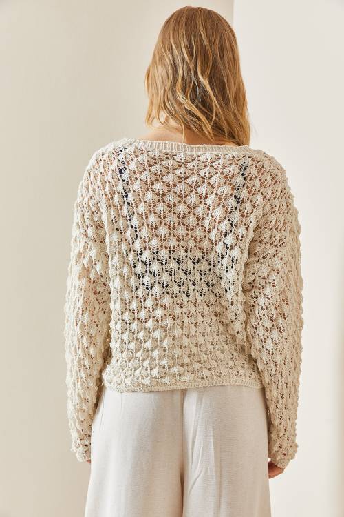 Bej Ajurlu Düğmeli Crop Hırka 3YXK3-47028-25 - 8