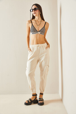 Bej Beli Lastikli Çift Cepli Jogger Keten Pantolon 5YXK5-48442-25 - 4