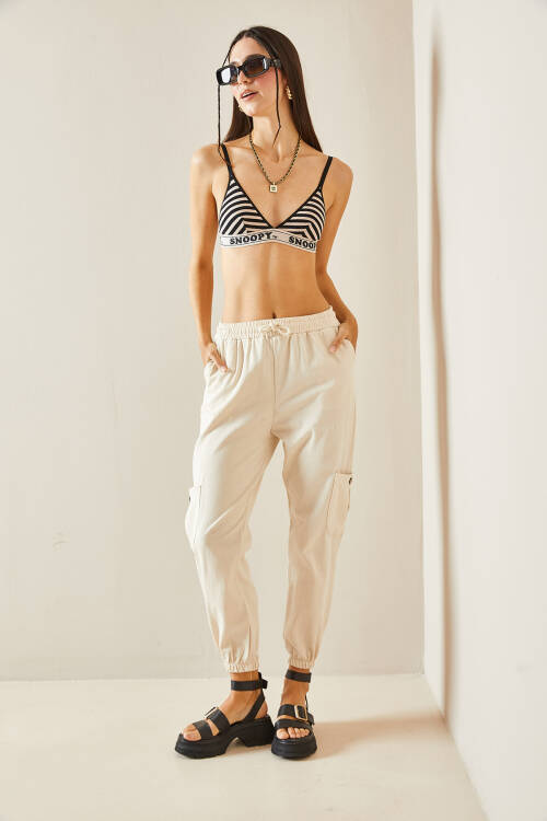 Bej Beli Lastikli Çift Cepli Jogger Keten Pantolon 5YXK5-48442-25 - 4