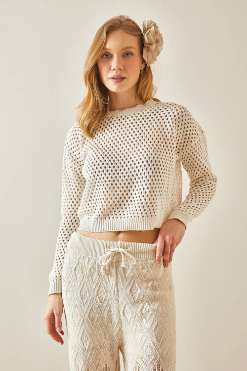 Bej Bisiklet Yaka Ajurlu & Delikli Crop Bluz 5YXK2-48219-25 - 4