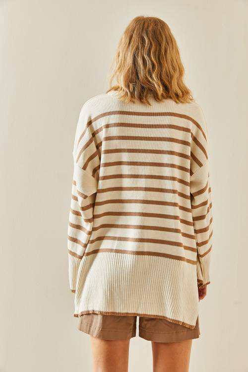 Bej Bisiklet Yaka Çizgili Oversize Kazak 3YXK3-47534-25 - 7