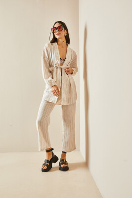 Bej Çizgili & Kuşaklı Keten Kimono Takım 5YXK4-48386-25 - 3