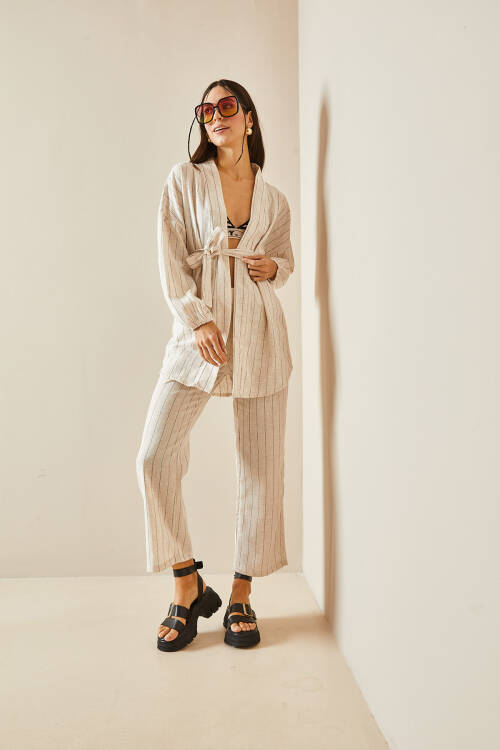 Bej Çizgili & Kuşaklı Keten Kimono Takım 5YXK4-48386-25 - 3