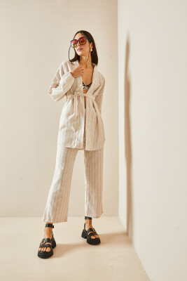 Bej Çizgili & Kuşaklı Keten Kimono Takım 5YXK4-48386-25 - 4