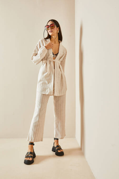 Bej Çizgili & Kuşaklı Keten Kimono Takım 5YXK4-48386-25 - 4